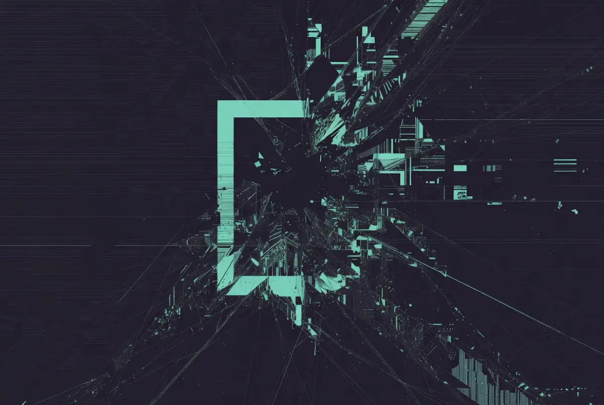 A teal document outline dissolving into broken fragmented lines on a dark navy background representing AI citation errors