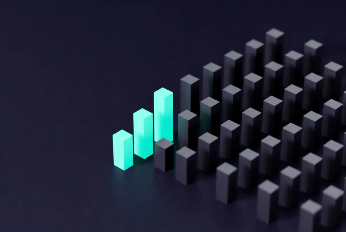 Two groups of abstract columns on a dark navy background - a small bright teal cluster and a large grey cluster - representing concentration of AI economic returns