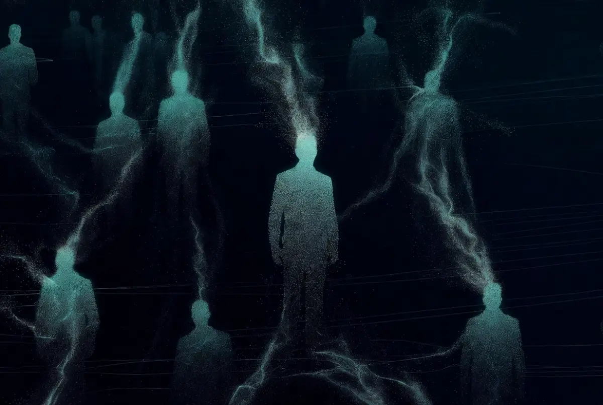 Abstract teal human silhouettes dissolving into particles and data streams on a dark navy background representing AI-driven workforce reduction