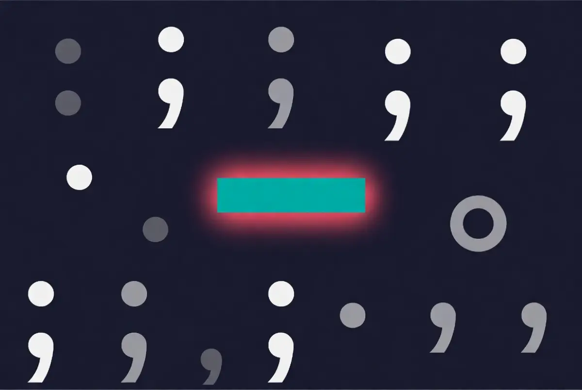 Em dash symbol highlighted in teal as an AI writing tell, surrounded by other punctuation marks in white and grey